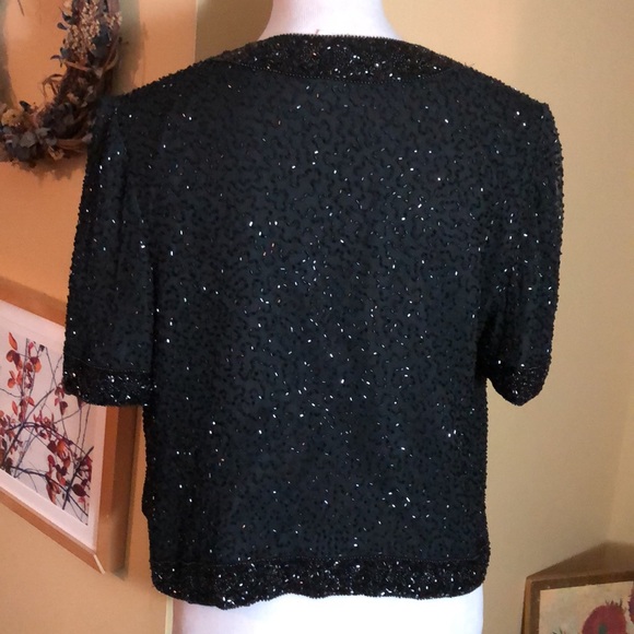 Vintage Y2K STENAY Size Small Beaded Silk Evening Top Blazer Ink Black Elegant - Picture 4 of 16